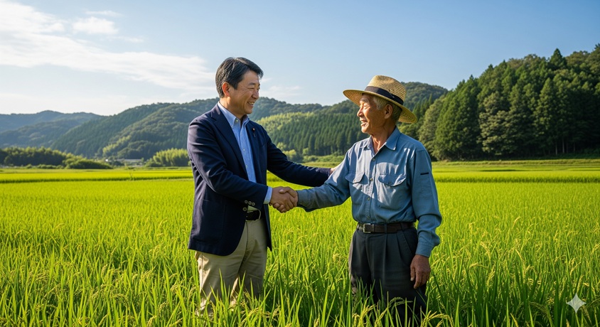 青々とした田んぼの中で農家と握手する政治家