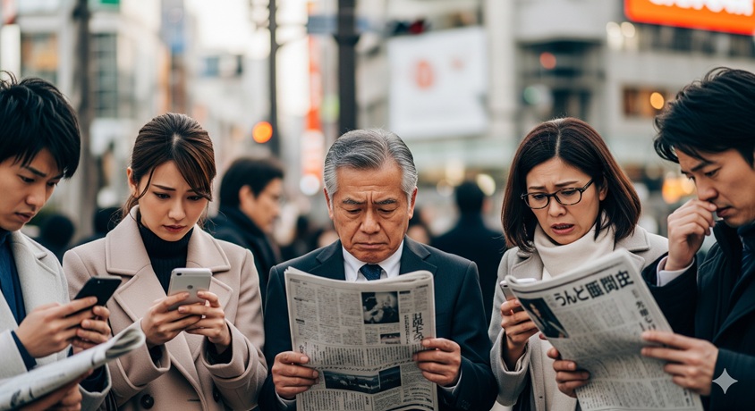 街中でスマートフォンや新聞に目を落とす人々