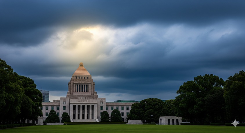 暗い雲の下に立つ国会議事堂