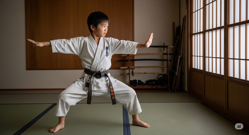空手着を着た男の子が、道場でポーズを取っています。