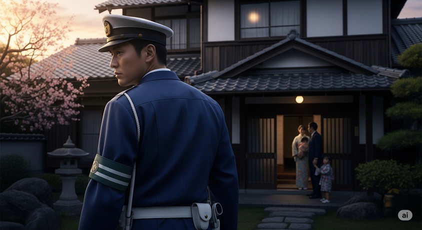 家にいる家族に背を向けて立つ、制服姿の男性です。