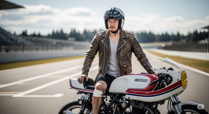 レザージャケットを着た男性がバイクに跨っている様子です。