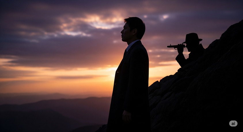 夕焼けを背景に、スーツ姿の男性と銃を構えた人影です