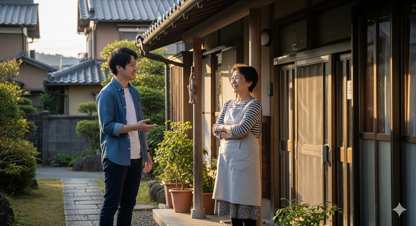 家の前で大家さんらしき女性と話す若い男性。チャンネルがーどまんさんのやらせ疑惑と、近所迷惑への配慮を考察するイメージ。