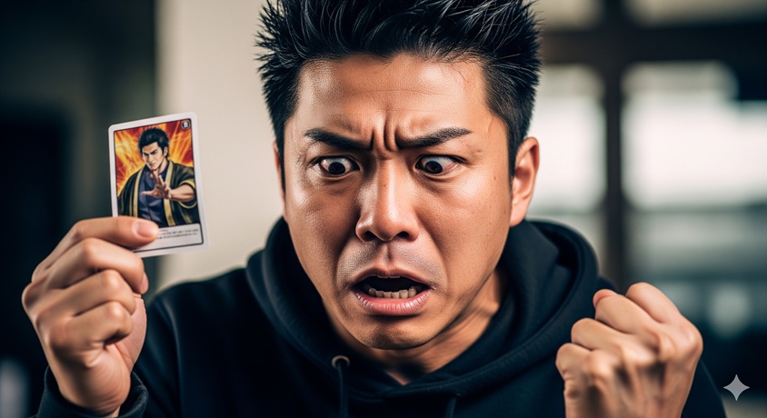 大事なカードを売られ激怒する男性。チャンネルがーどまんさんの私物売却ドッキリのやらせ疑惑を表現したイメージ画像。