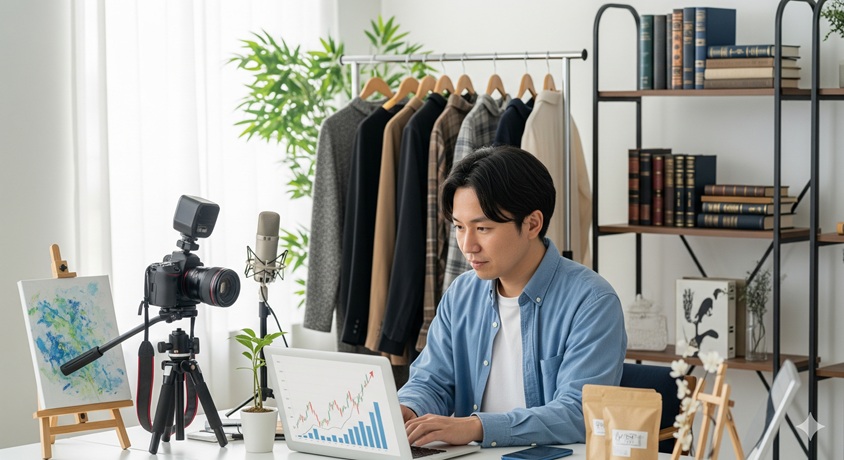 YouTubeの撮影機材の前でパソコン作業をする男性。チャンネルがーどまんさんの収入源である動画配信やアパレル事業のイメージ。