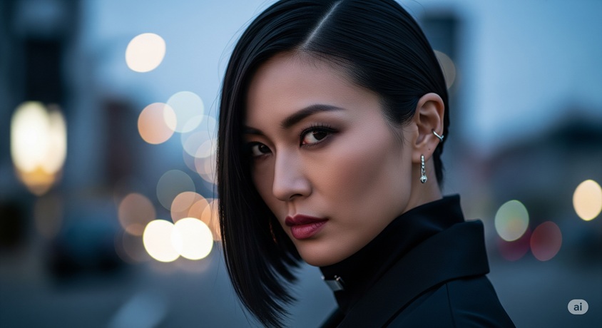 シャープな顔立ちでクールな表情の日本人女性が、夜の街を背景にこちらを見つめています。