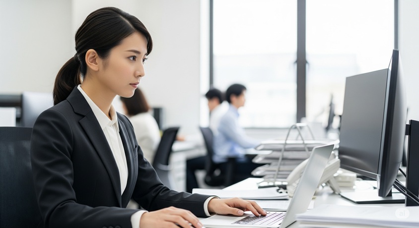 オフィスのデスクで、パソコンに向かい真剣な表情で作業をしている日本人女性の横顔です。