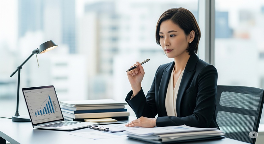 明るいオフィスでデスクに座り、ペンを持ちながら資料を読んで思案している日本人女性の姿です。