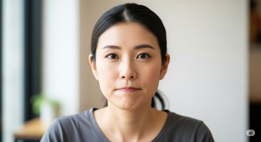 飾り気のない服を着て、無表情でカメラを見つめている日本人女性の顔のアップです。
