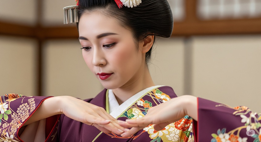 紫色の着物を着て、優雅な手つきで何かを表現する、落ち着いた雰囲気の女性のクローズアップ。