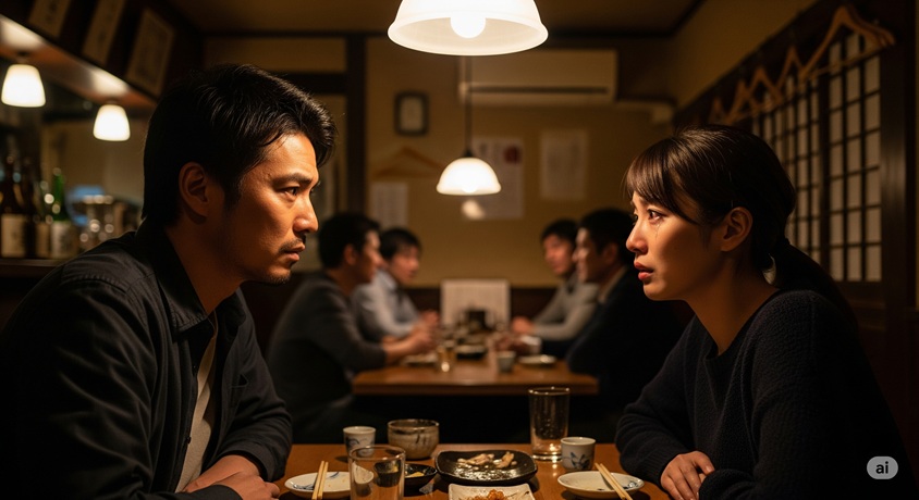 薄暗い居酒屋で、テーブルを挟んで向かい合い、悲しげな表情で見つめ合う男女のシリアスな場面。奥には数人の客がいる。