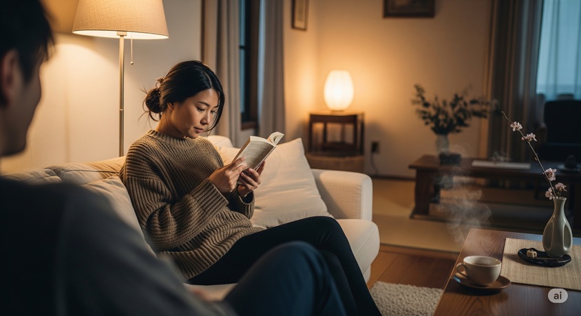 明るいリビングでソファに座り、本を読む女性の後ろ姿を捉えた、穏やかな日常の風景
