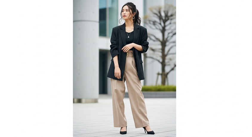 黒いジャケットとワイドパンツを着用し、屋外でポーズをとる日本人女性のモデルです。
