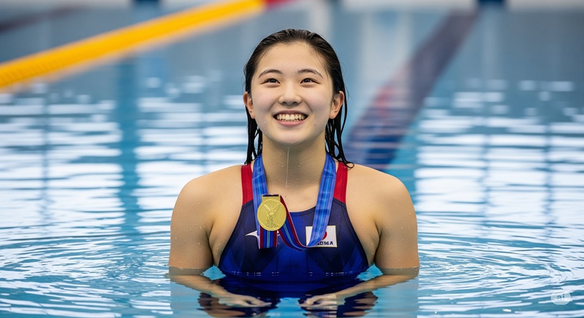 プールの中で金メダルをかけている、笑顔の若い女性水泳選手です。
