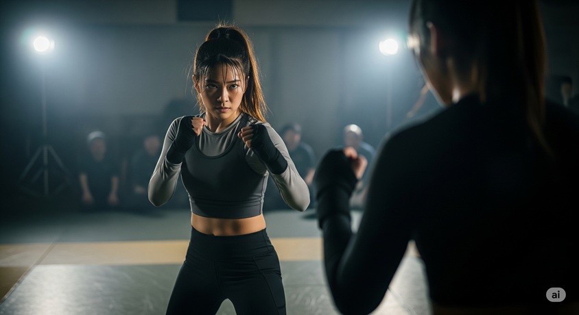 格闘技のオーディションで、ファイティングポーズをとって対峙する2人の女性です。