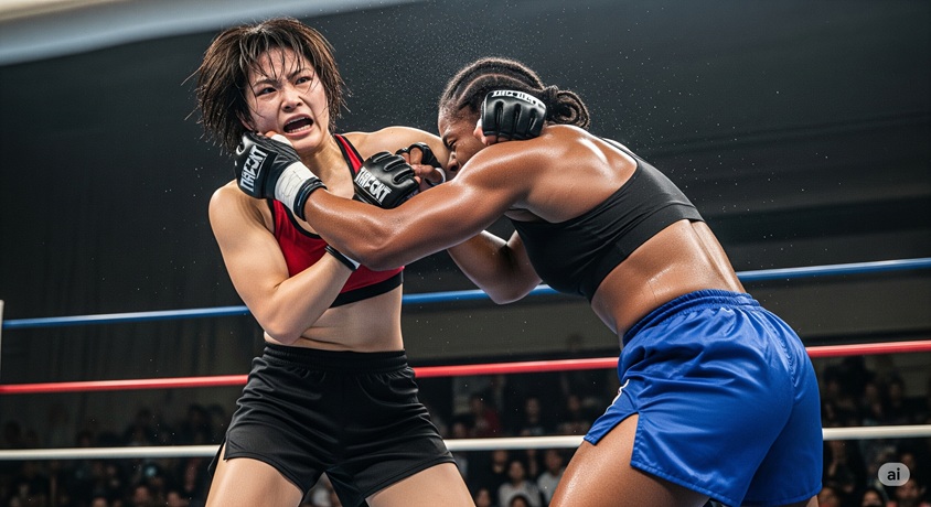 格闘技の試合で激しく組み合っている、日本人女性と黒人女性のファイターです。