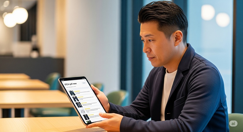 タブレットでSTCHゴルフウェアのレビューを見ている日本人男性の横顔です。