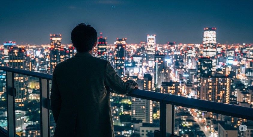 男性がバルコニーから夜の街並みを見下ろしている様子。
