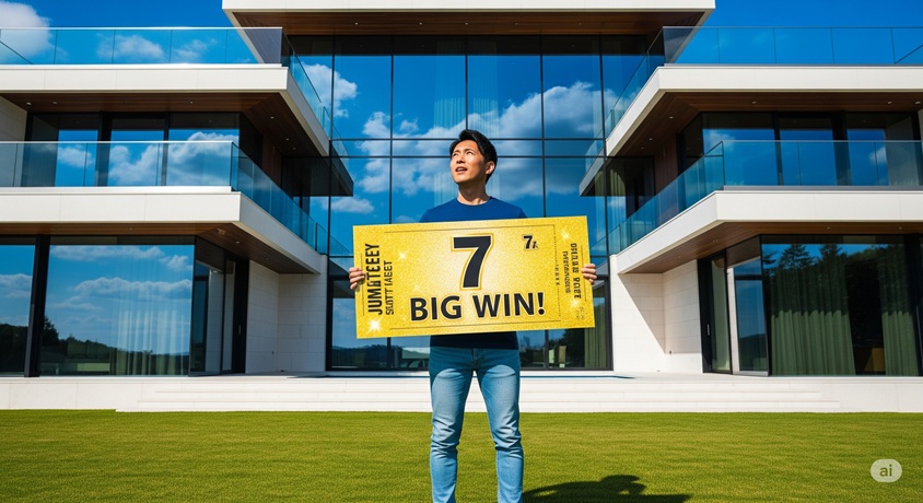 モダンな邸宅の前で『BIG WIN』と書かれた大きな札を掲げる男性。