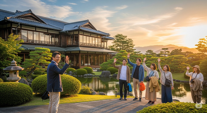 日本家屋の前で、スーツ姿の男性が友人らしき5人組に手を振って別れを告げている様子。