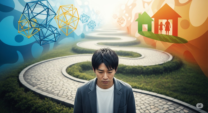 曲がりくねった道の真ん中に立つ男性が下を向いており、道の左右にはキャリアを象徴する幾何学的な図形と、家庭を象徴する家と家族のシルエットが描かれている様子。