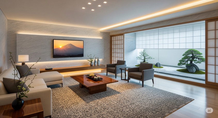 大理石風の壁とスタイリッシュな壁掛けテレビが特徴の、モダンで豪華な日本家屋のリビングルームです。