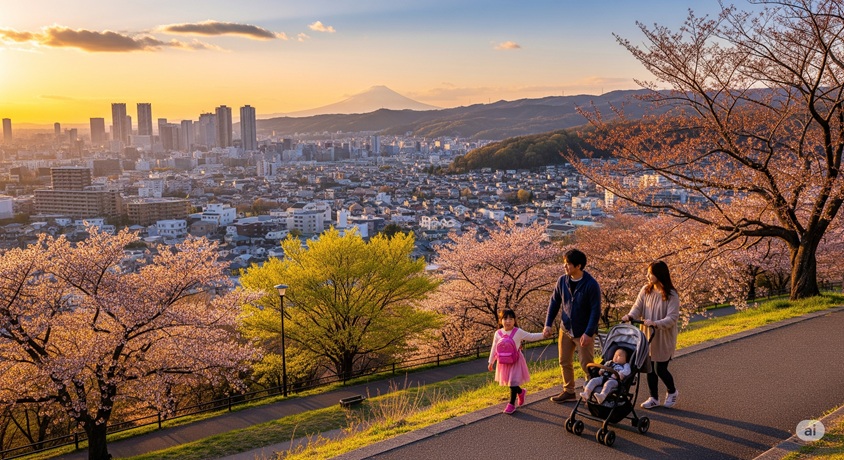 夕暮れ時、桜が咲く丘から八王子の街並みと富士山を眺める日本人の家族の様子です。