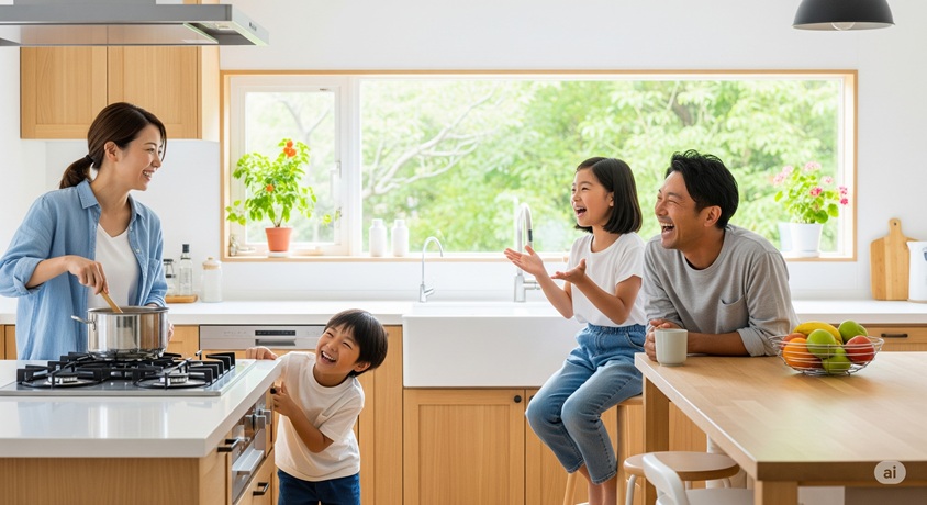  明るく開放的なキッチンで、料理をする母親と、笑い合いながら楽しそうに話す父親と子供たちの姿です。
