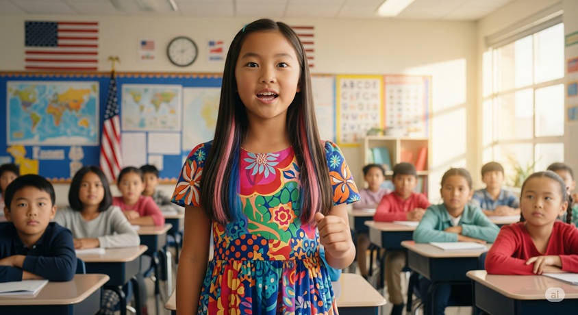 アメリカの小学校の教室で、明るく個性的な服装をした日本人の女の子が、クラスメイトの前で楽しそうに話している様子です。