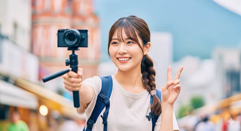 都会の広い道路の真ん中に立つ、黒いスーツをスタイリッシュに着こなした日本人女性。自信に満ちた表情で遠くを見つめています。背景には近代的なビルが立ち並び、街の活気が感じられます。