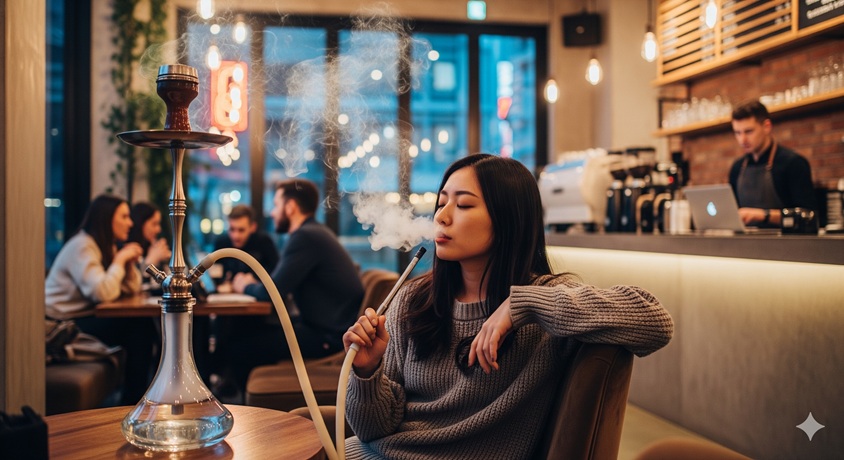 レストラン風の店内で、水タバコ（シーシャ）を吸っている日本人女性。煙がゆっくりと立ち上り、リラックスした雰囲気が漂っています。周囲には他の客もおり、落ち着いた空間でくつろいでいる様子です。