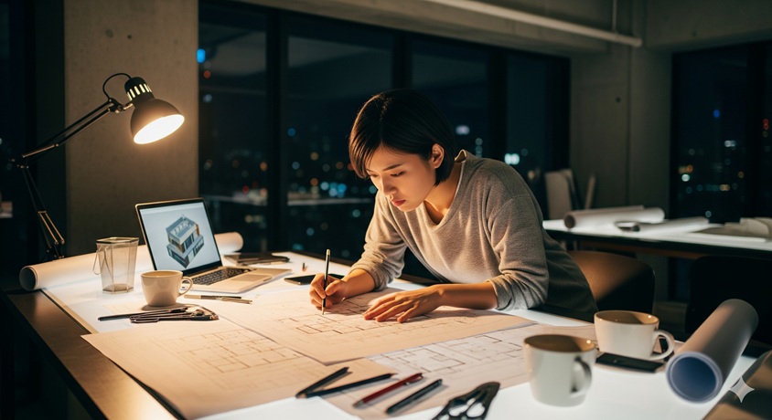 遅くまでオフィスのデスクで、建築図面に向かって熱心にペンを走らせる日本人女性の一級建築士。PCも開かれており、集中して作業に取り組むプロフェッショナルな姿が印象的です。窓の外には夜景が広がっています。