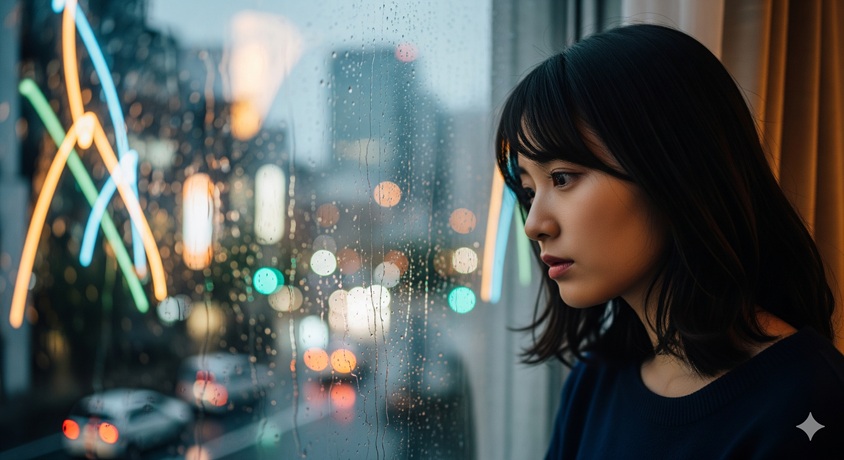 雨が降る窓の外を、憂いを帯びた表情で見つめる日本人女性。窓ガラスには雨粒がつき、ぼやけた街の光が反射しています。彼女の横顔からは、内省的な雰囲気と繊細さが感じられます。