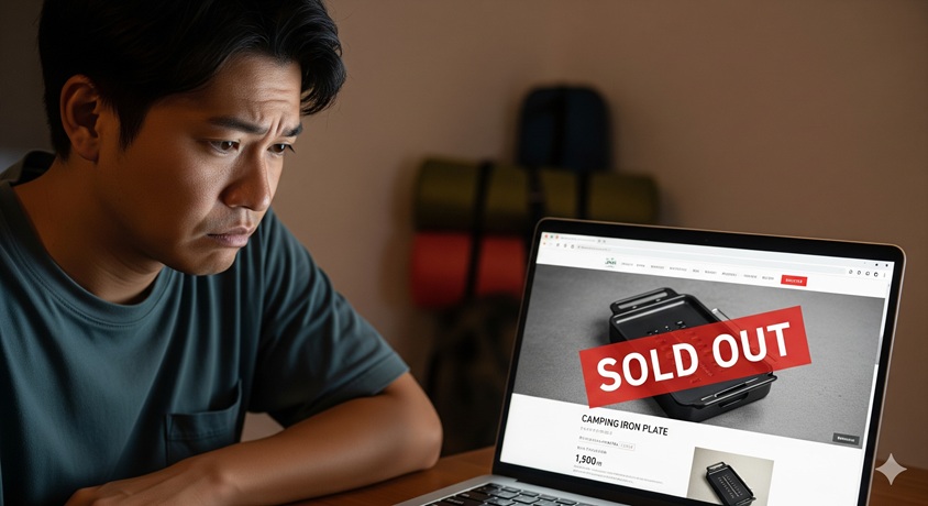 ートパソコンの画面に表示されたキャンプ用鉄板の「SOLD OUT」という文字を見て、がっかりした表情を浮かべる男性
