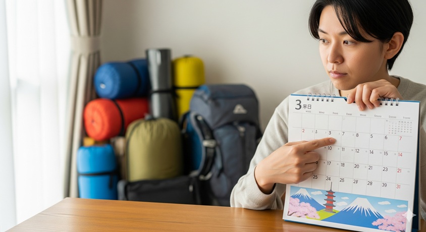 キャンプ用品が置かれた部屋で、カレンダーの特定の日付を指さしながら真剣な表情で考える男性