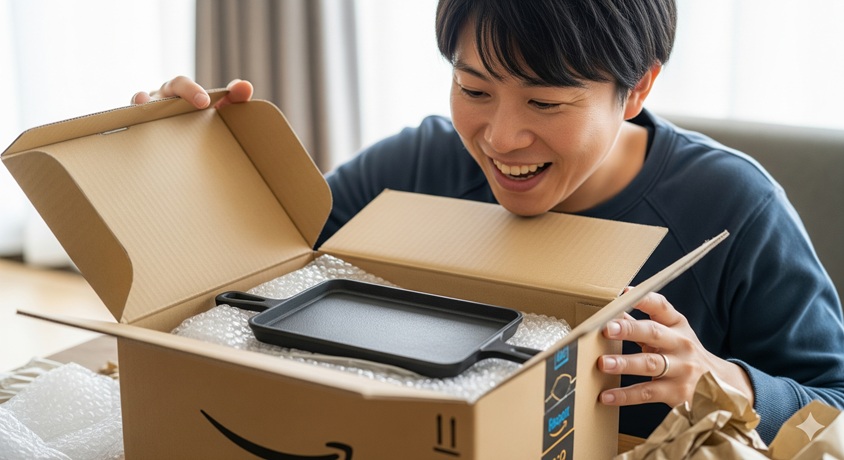 通販で届いた段ボール箱を開け、中に入っている黒いキャンプ用の鉄板を見て喜ぶ男性