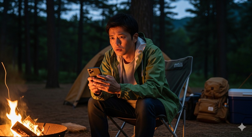 夜のキャンプ場で、焚き火の前で椅子に座り、不安そうな表情でスマートフォンを見つめる男性