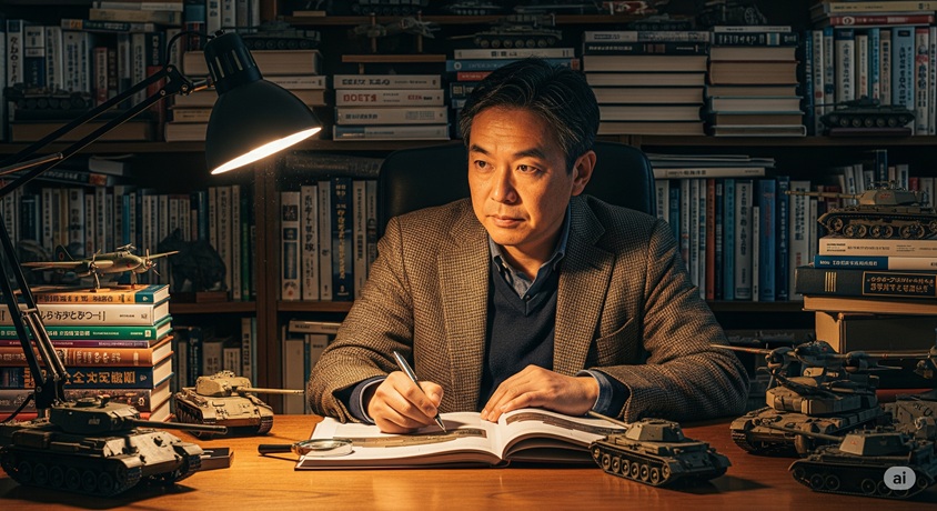 戦車の模型に囲まれ、机に向かい熱心に本を読んでいる男性です。
