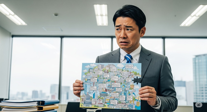 スーツ姿の男性が、困った表情でパズル形式の地図を持っています。