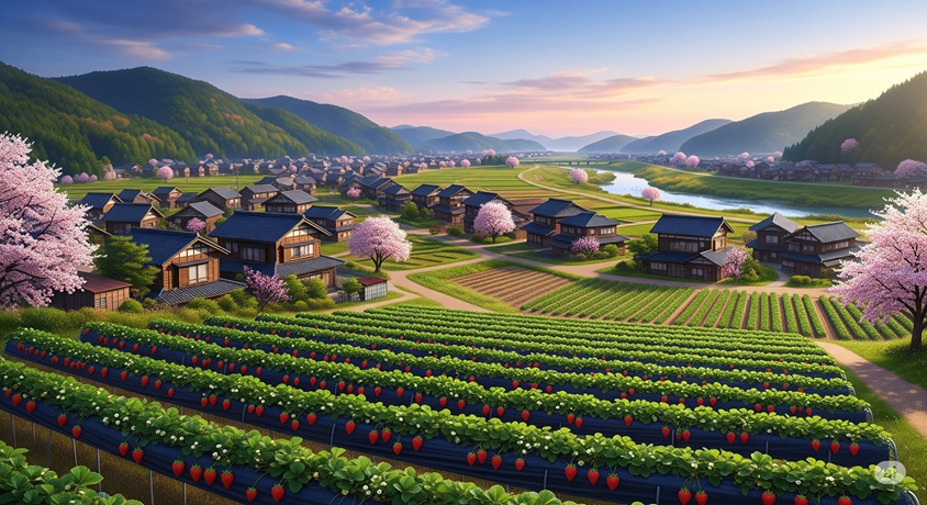 桜が咲き誇る日本の里山で、イチゴ畑が広がる風景です。