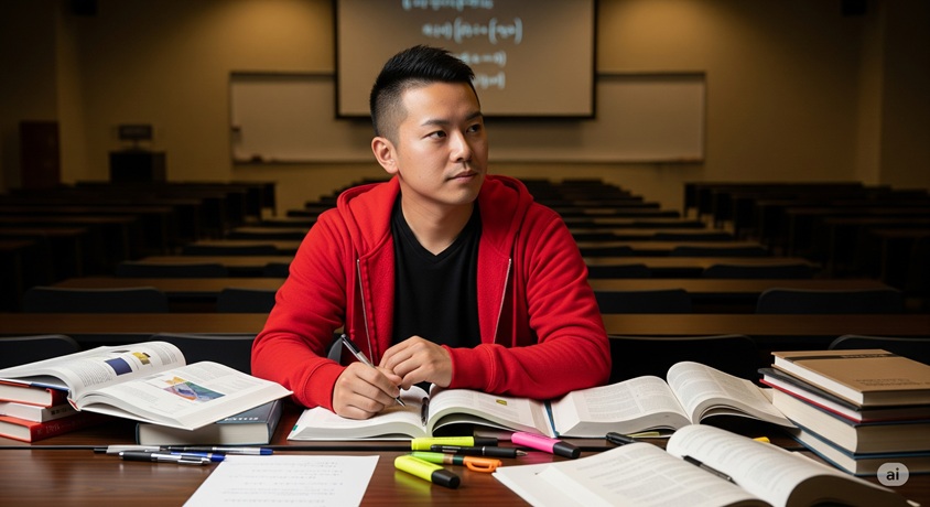 授業中の教室で、多くの本を開きながら勉強している真剣な表情の男性です。