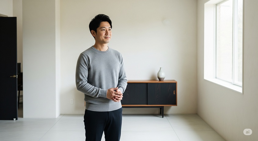 清潔感のある部屋で、リラックスした雰囲気で立っている男性です。
