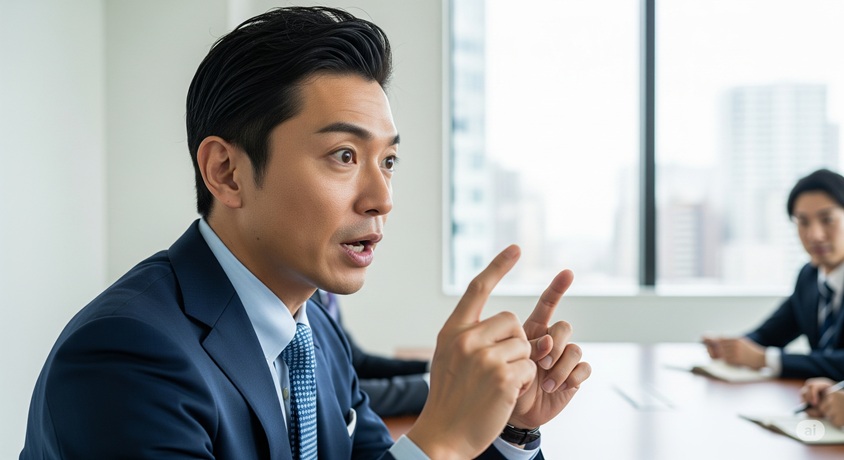会議室で指をさしながら話す、スーツ姿の日本人の男性