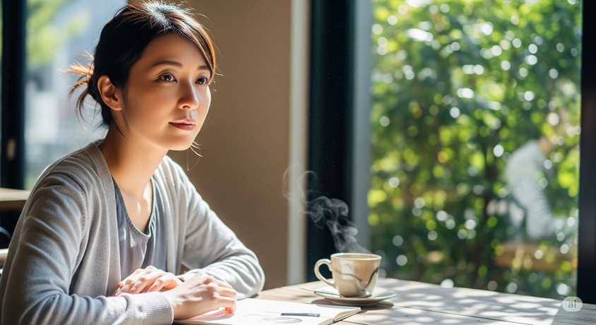 窓際で考え込む様子の日本人の女性、コーヒーとノート