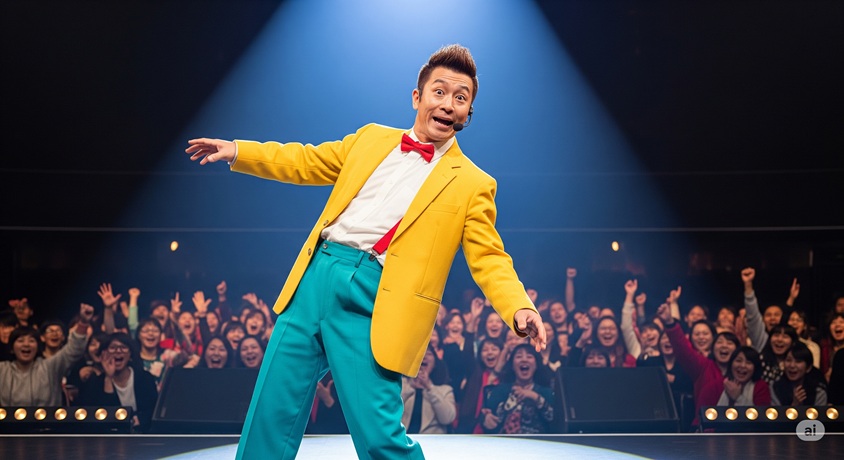  スポットライトを浴び、観客に向かってポーズを取る日本人の男性