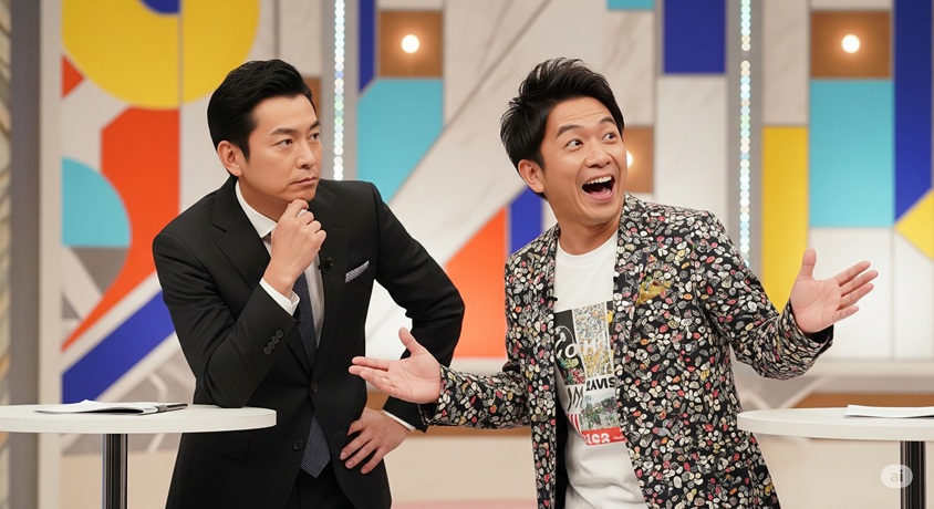 カラフルな背景の前で、真剣な表情の日本人男性と笑顔で話す日本人男性