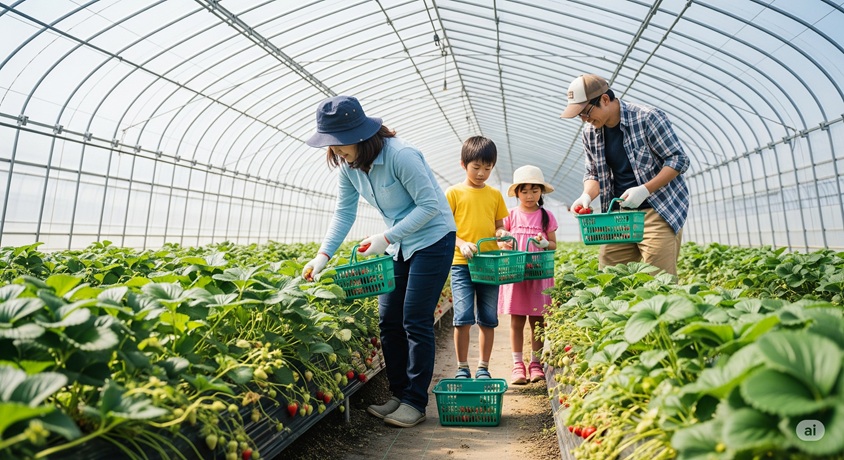 ビニールハウスの中で、両親と二人の子供がいちご狩りをしている楽しそうな様子