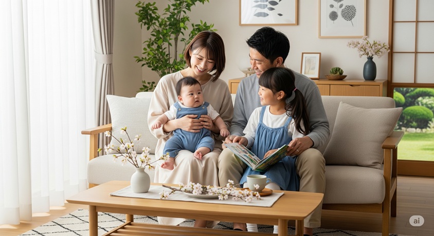 日本の家庭で、ソファーに座った夫婦と二人の子供が仲良く過ごしている画像。赤ちゃんを抱く母親と、隣の父親が娘に絵本を読んでいる様子が写っています。