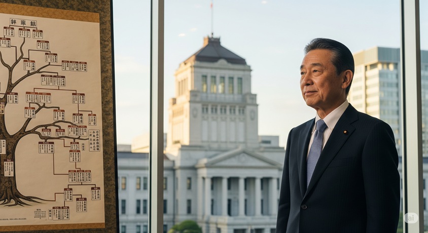 和装の男性が、歴史的な家系図の巻物と現代の国会議事堂を背景に、思慮深い表情で立っている画像。